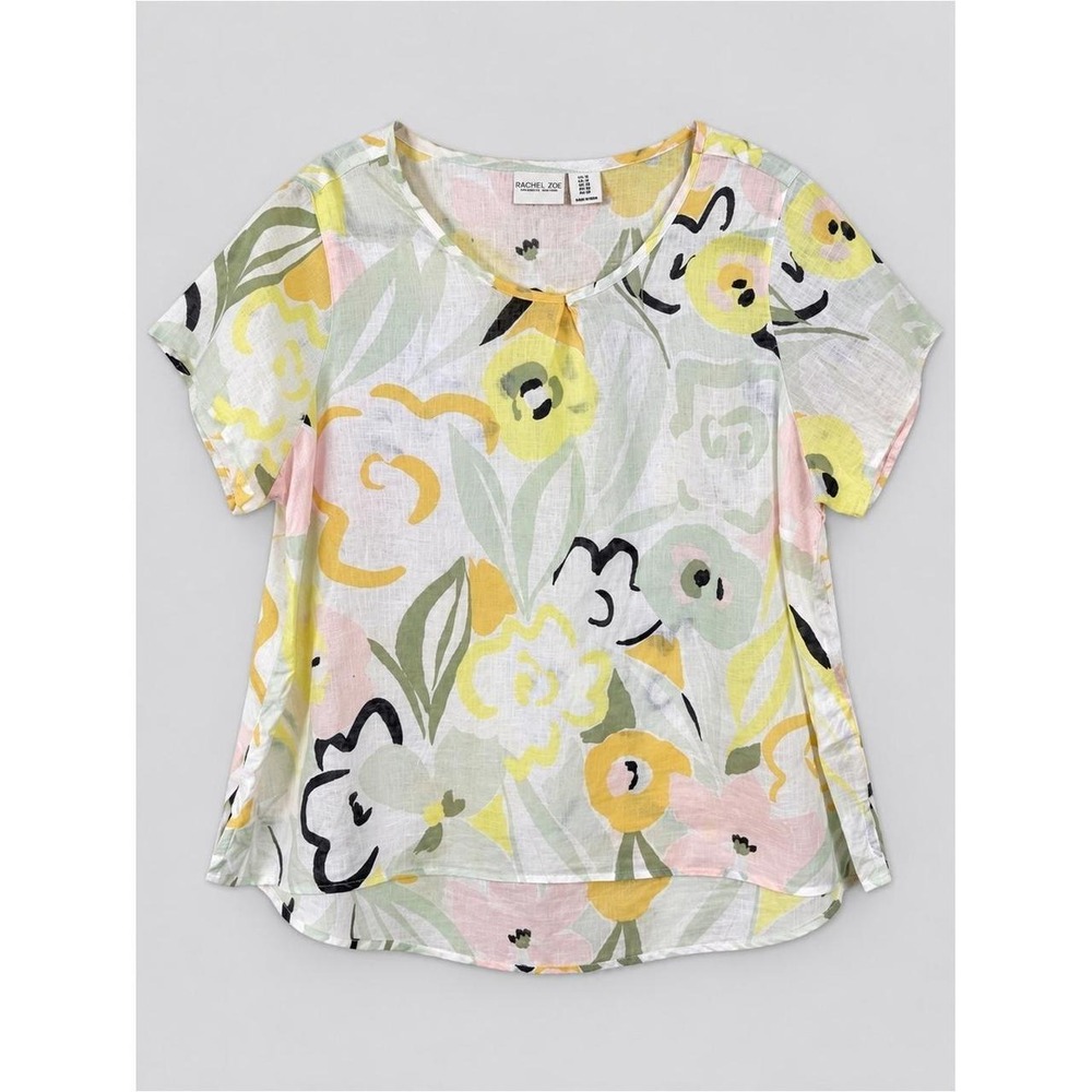 Rachel Zoe 100% Linen Blouse Top 1X Floral Euro Summer Coastal Beachy Bohemian